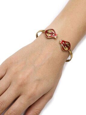Vintage Brass Red Enamel Pomegranate Cuff Bracelet Birds Symbolic Gold